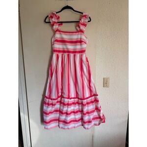 J Crew Pink White‎ Stripe Smocked Midi Sundress Ruffle Straps Size 8 Western